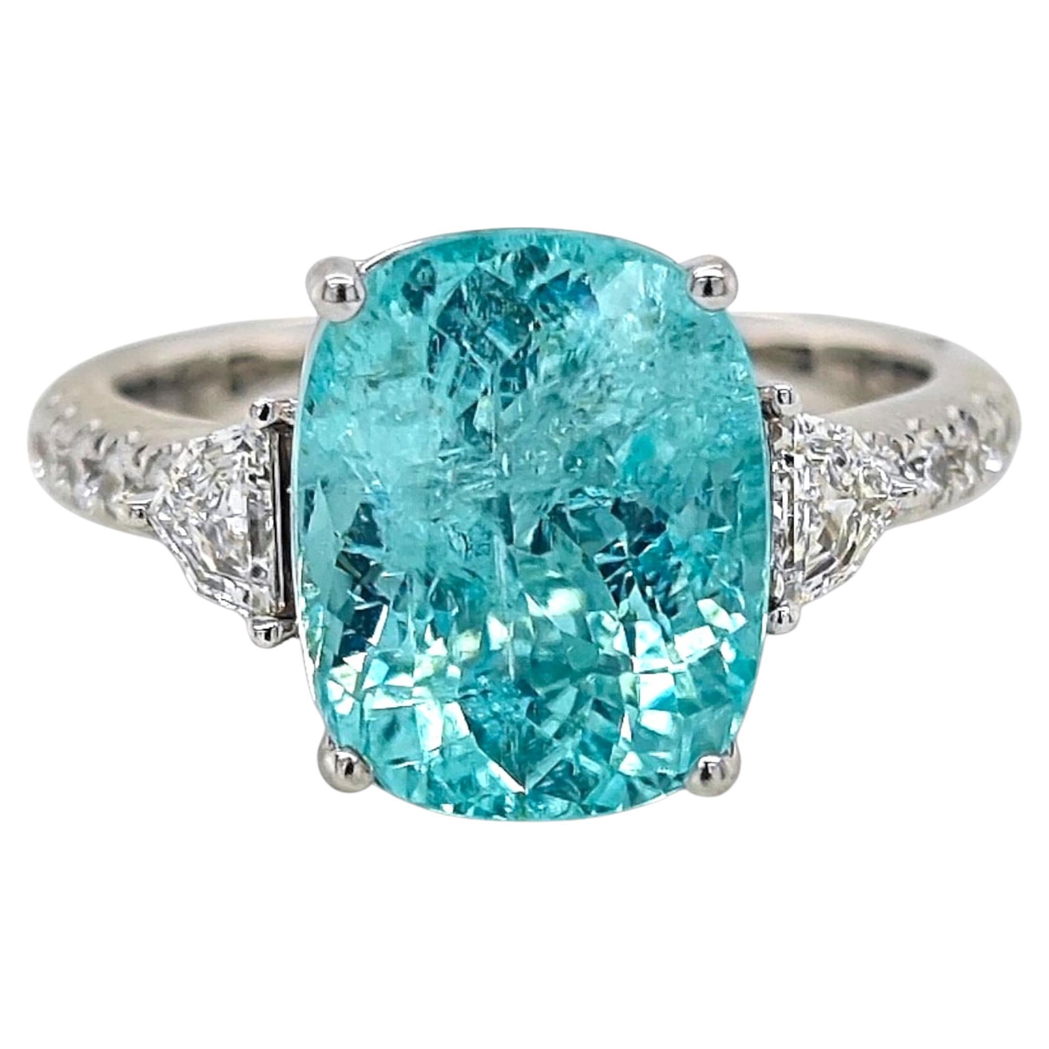 Bague en or blanc de 5,21 carats, coussin bleu-vert, diamant naturel Paraiba Fancy