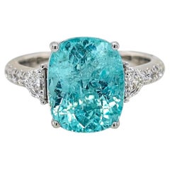 5.21 Carat Blue-Green Cushion Natural Paraiba Fancy Diamond White Gold Ring 5.21 Carat Blue-Green Cushion Natural Paraiba Fancy Diamond White Gold Ring