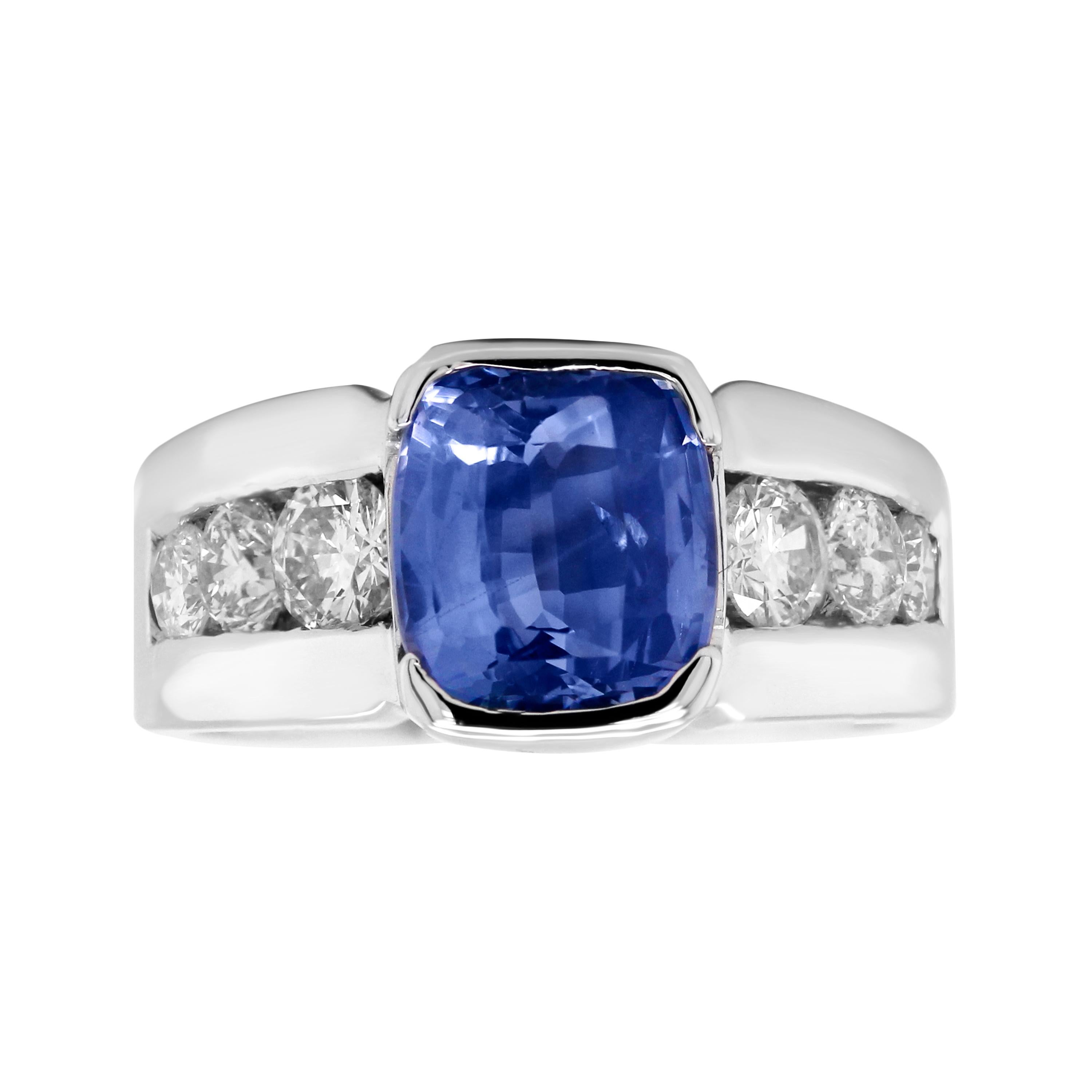 AGL Certified 5.21 Carat Cushion Cut No Heat Ceylon Blue Sapphire Diamond 14K White Gold Ring

This gorgeous ring features three diamonds on each side of the ring.

5.21 carat, Cushion Cut, No Heat Sapphire from Ceylon. AGL Certified (Certificate in