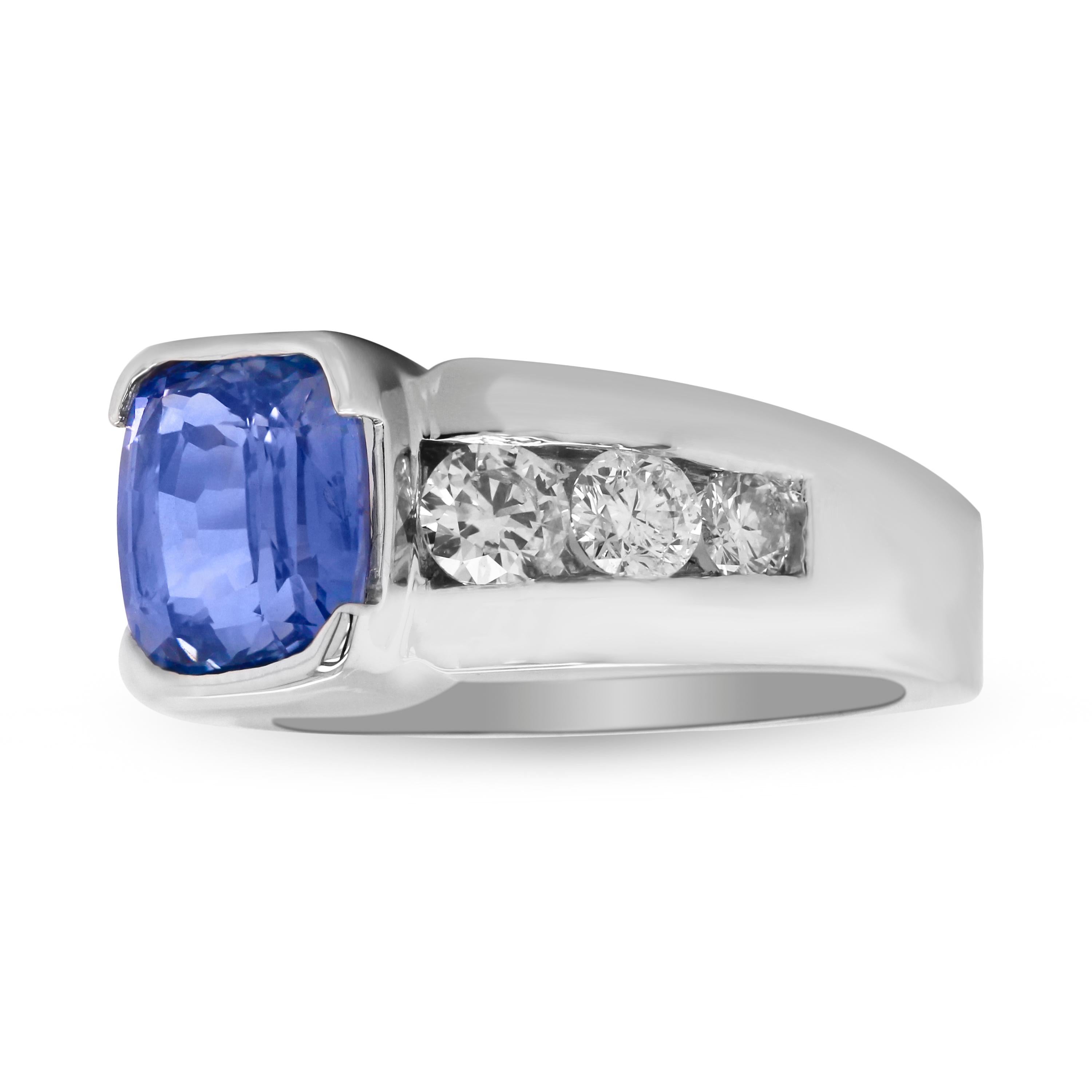 5.21 Carat Cushion Cut No Heat Ceylon Blue Sapphire Diamond 14 Karat Gold Ring In New Condition In Boca Raton, FL
