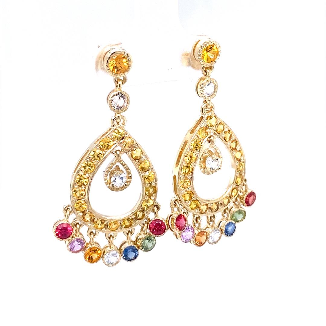 5.21 Carat Multi-Color Sapphire 14 Karat Yellow Gold Chandelier Earrings 

These gorgeous earrings are a one of a kind must have in your accessory wardrobe.  There are 56 natural Multi-Colored Sapphires that weigh 5.21 Carats.  The length of the