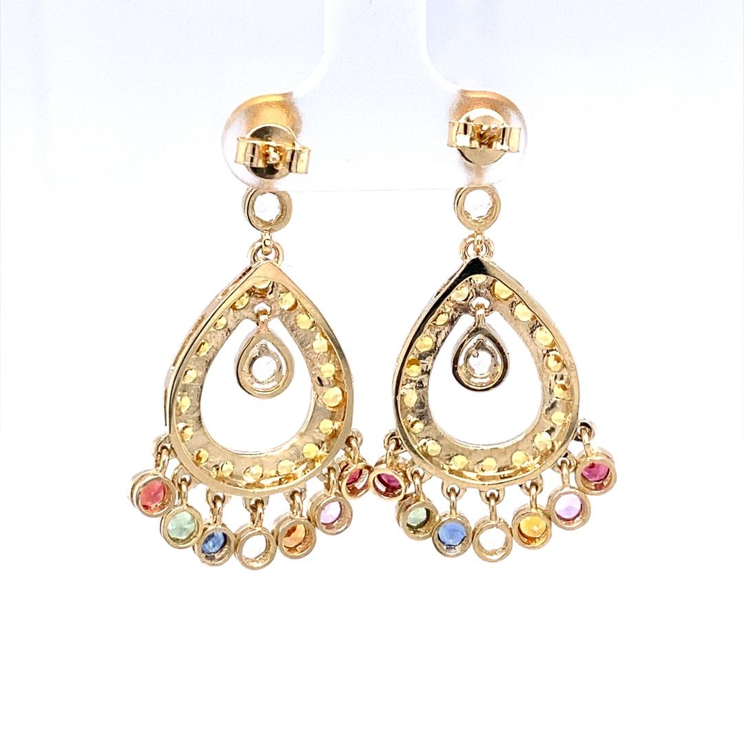 Contemporary Multi-Color Sapphire 14 Karat Yellow Gold Chandelier Earrings For Sale