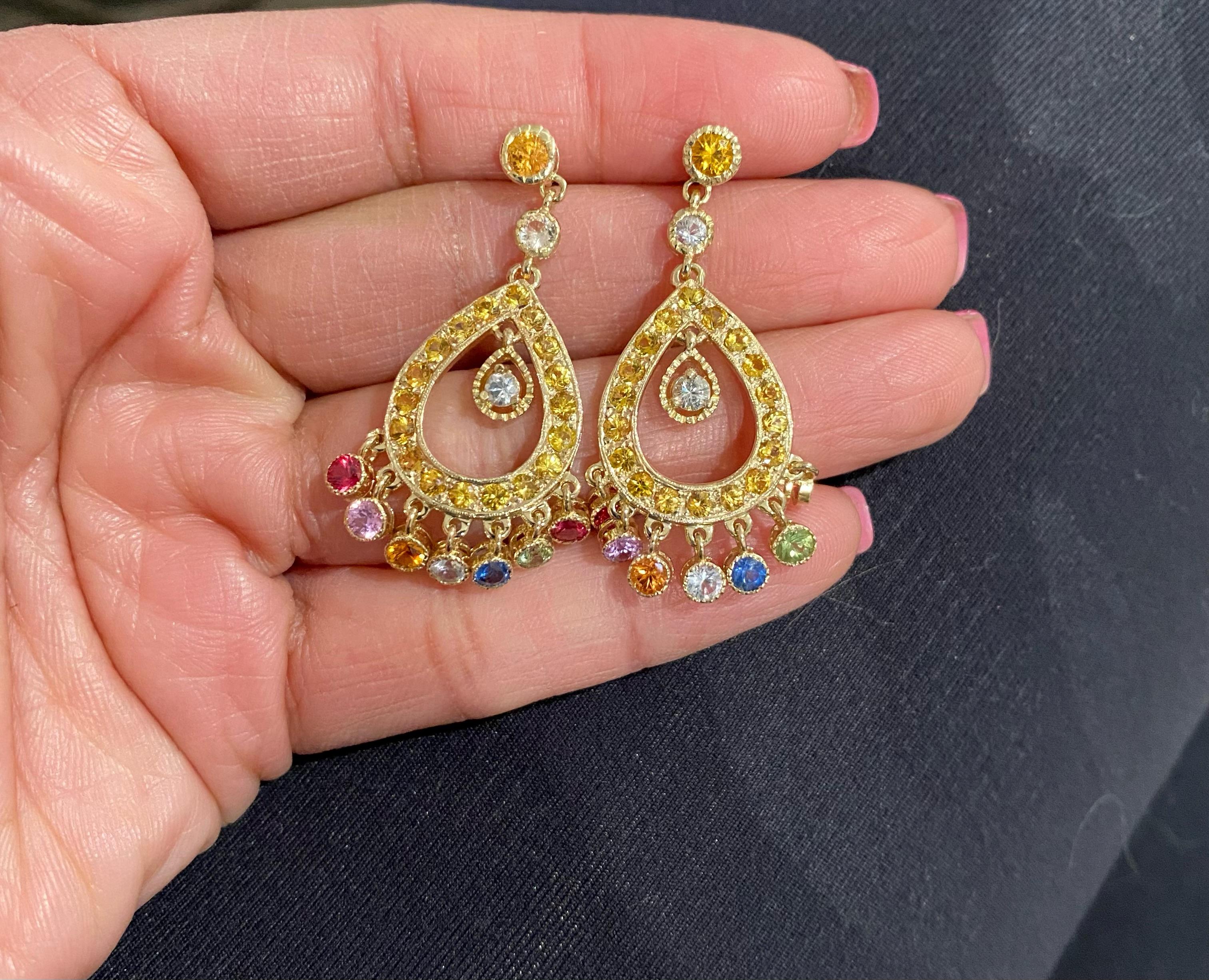 Multi-Color Sapphire 14 Karat Yellow Gold Chandelier Earrings In New Condition For Sale In Los Angeles, CA