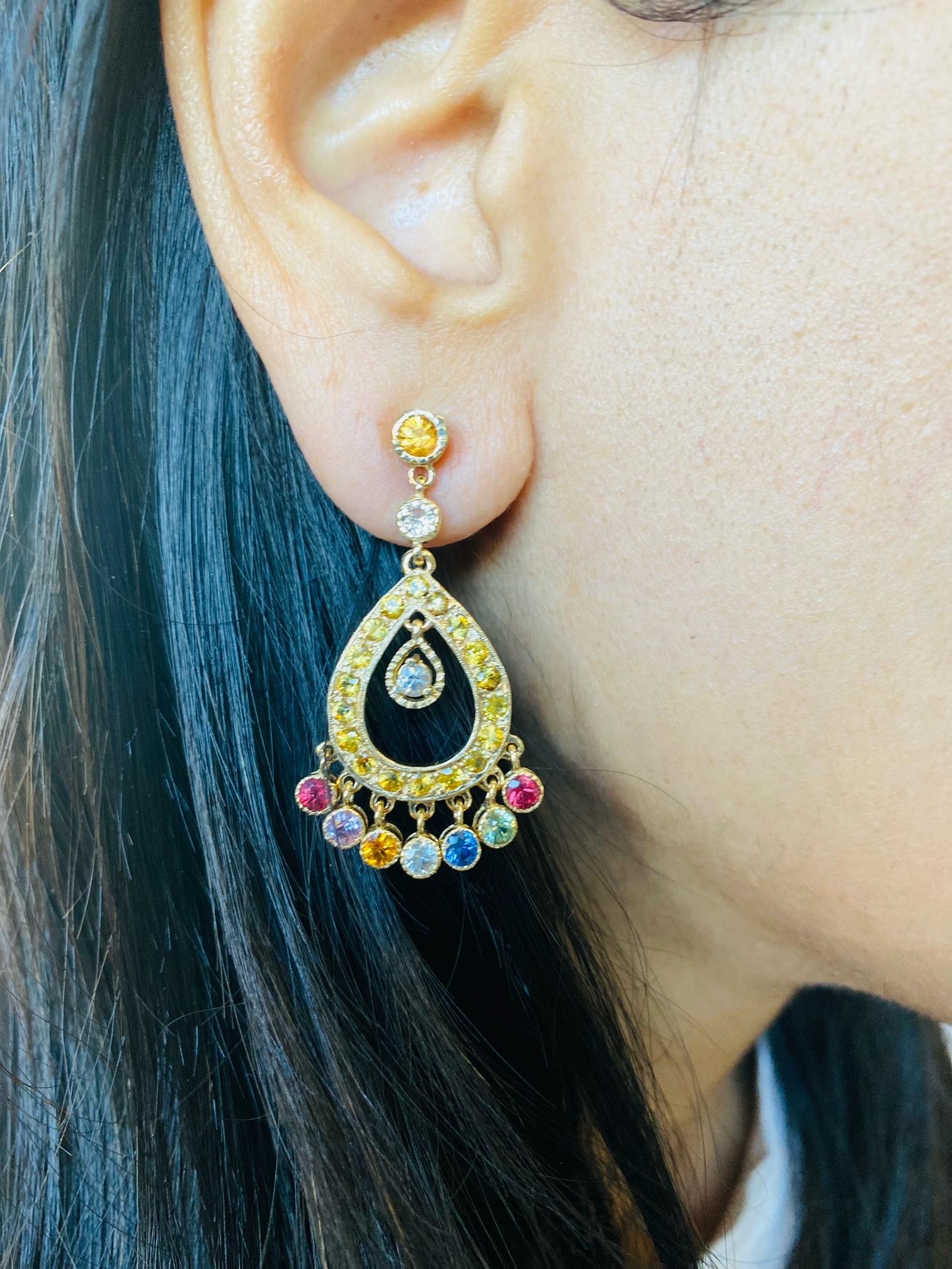 Women's Multi-Color Sapphire 14 Karat Yellow Gold Chandelier Earrings For Sale