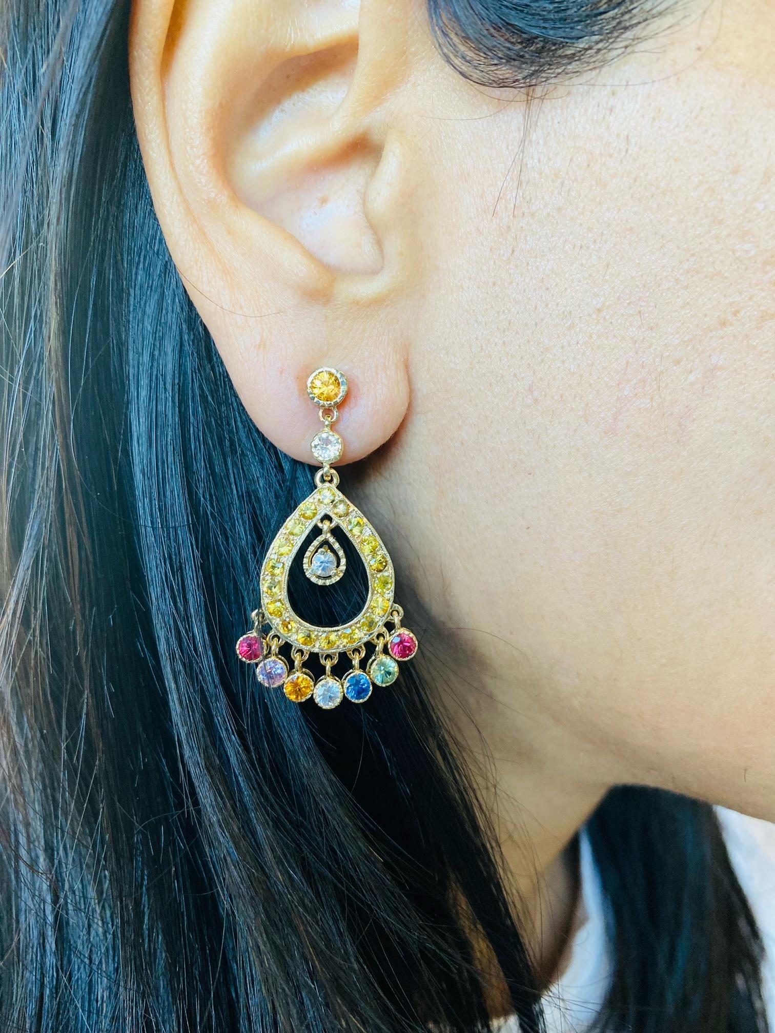 Multi-Color Sapphire 14 Karat Yellow Gold Chandelier Earrings For Sale 1
