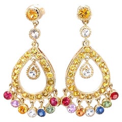 5.21 Carat Multi-Color Sapphire 14 Karat Yellow Gold Chandelier Earrings