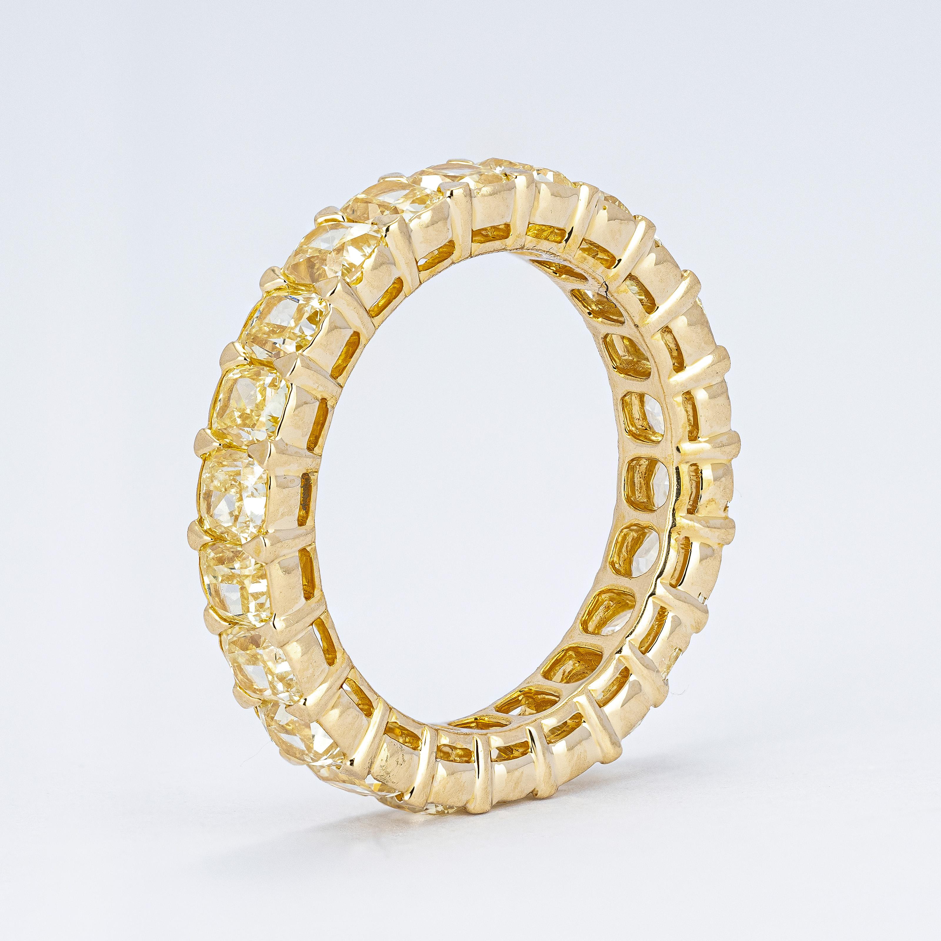 Cushion Cut 5.21 carat Natural Yellow Diamond Eternity Band 18kt For Sale