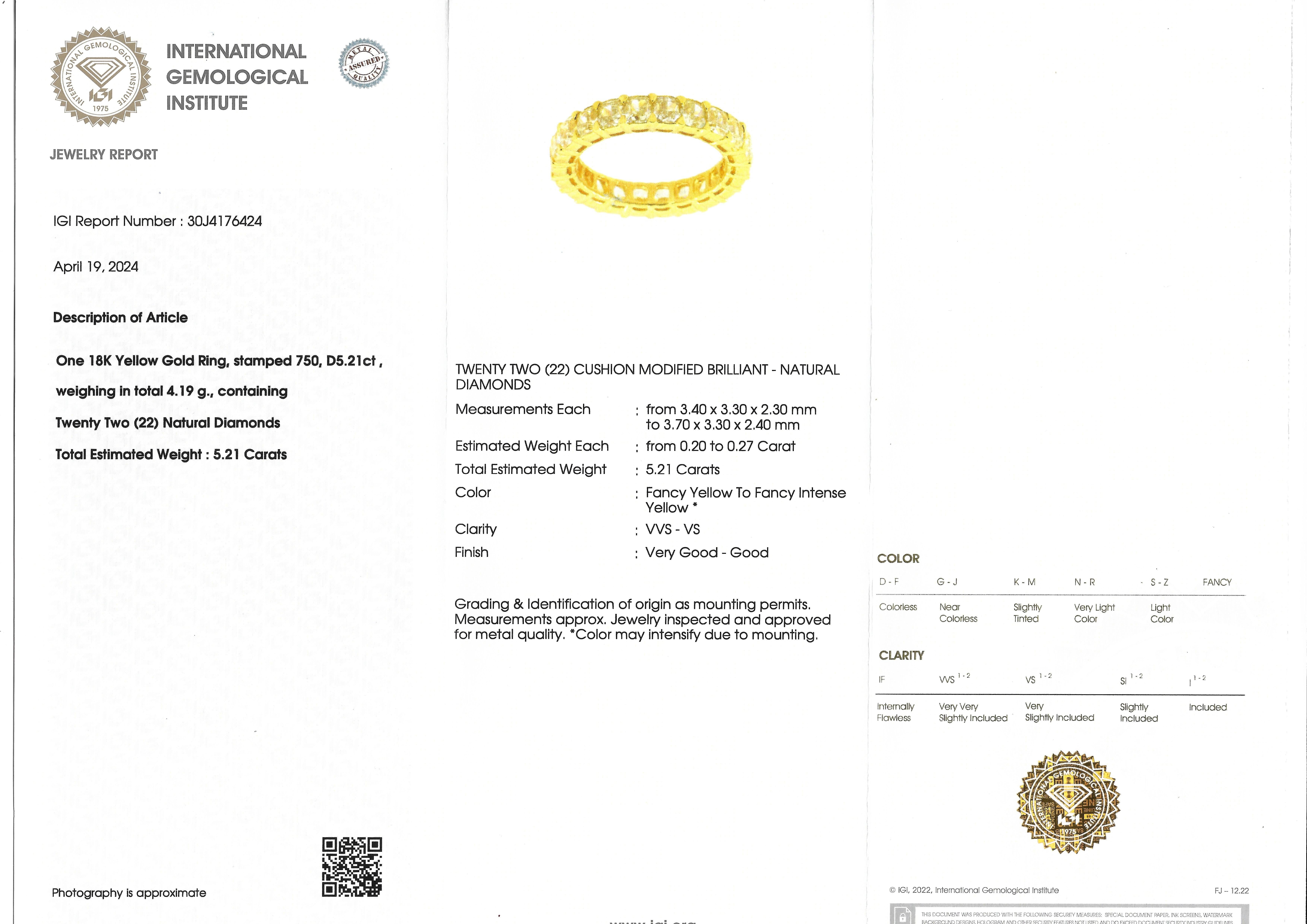 Women's 5.21 carat Natural Yellow Diamond Eternity Band 18kt For Sale