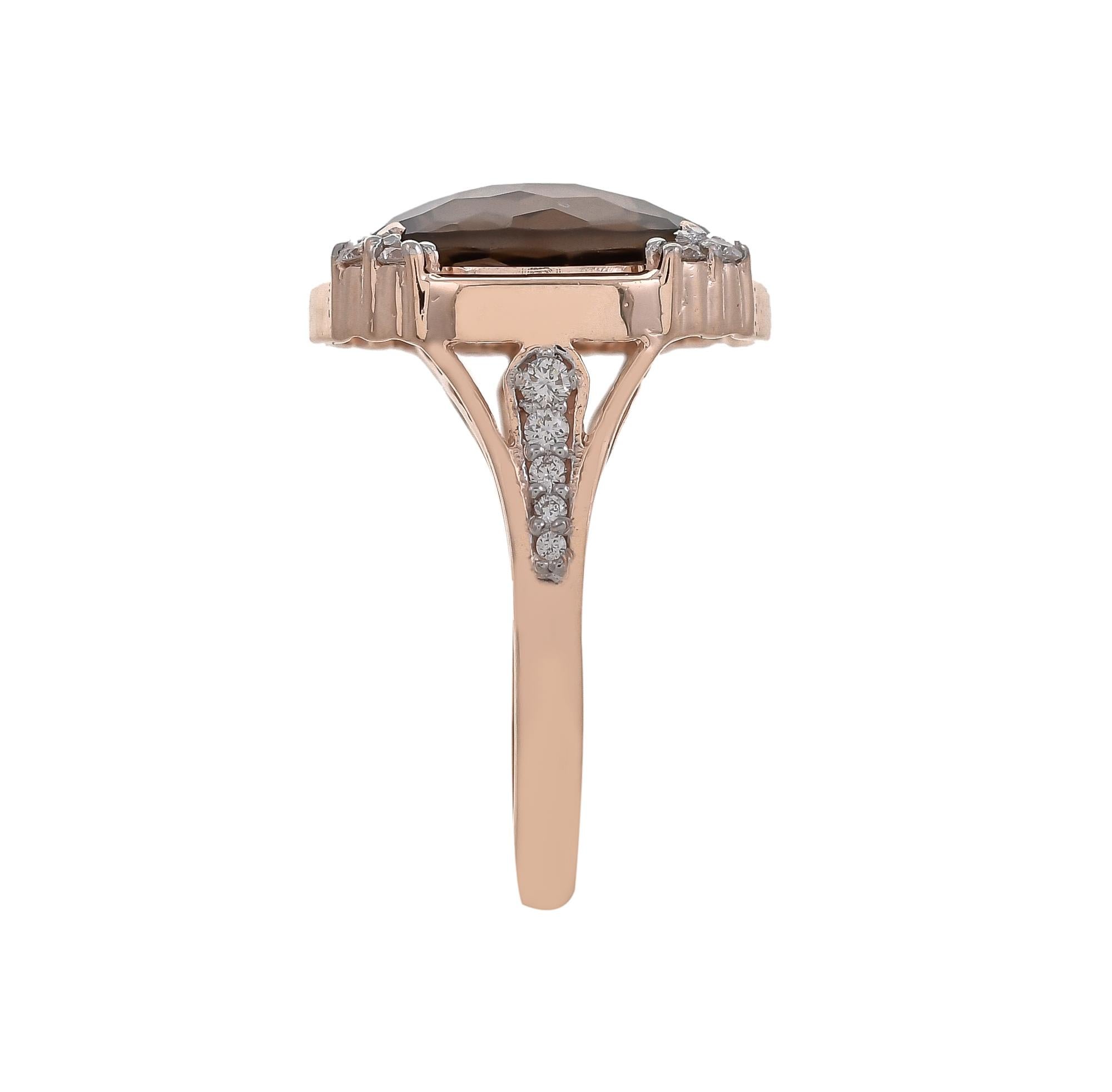 Centring on oval-shaped smoky quartz weighing approximately 5.21 carats, set on four sides with round shaped diamonds to a diamond set and openwork shoulders with a total diamond weight of approximately 0.34 carats, mounted in 18 karats rose gold.