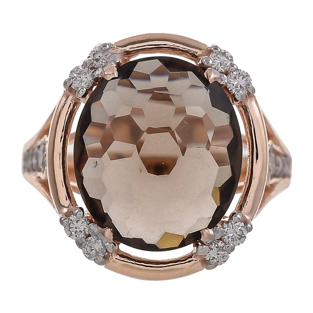 5.21 Carat Smoky Quartz Diamond 18 Karat Rose Gold Ring For Sale