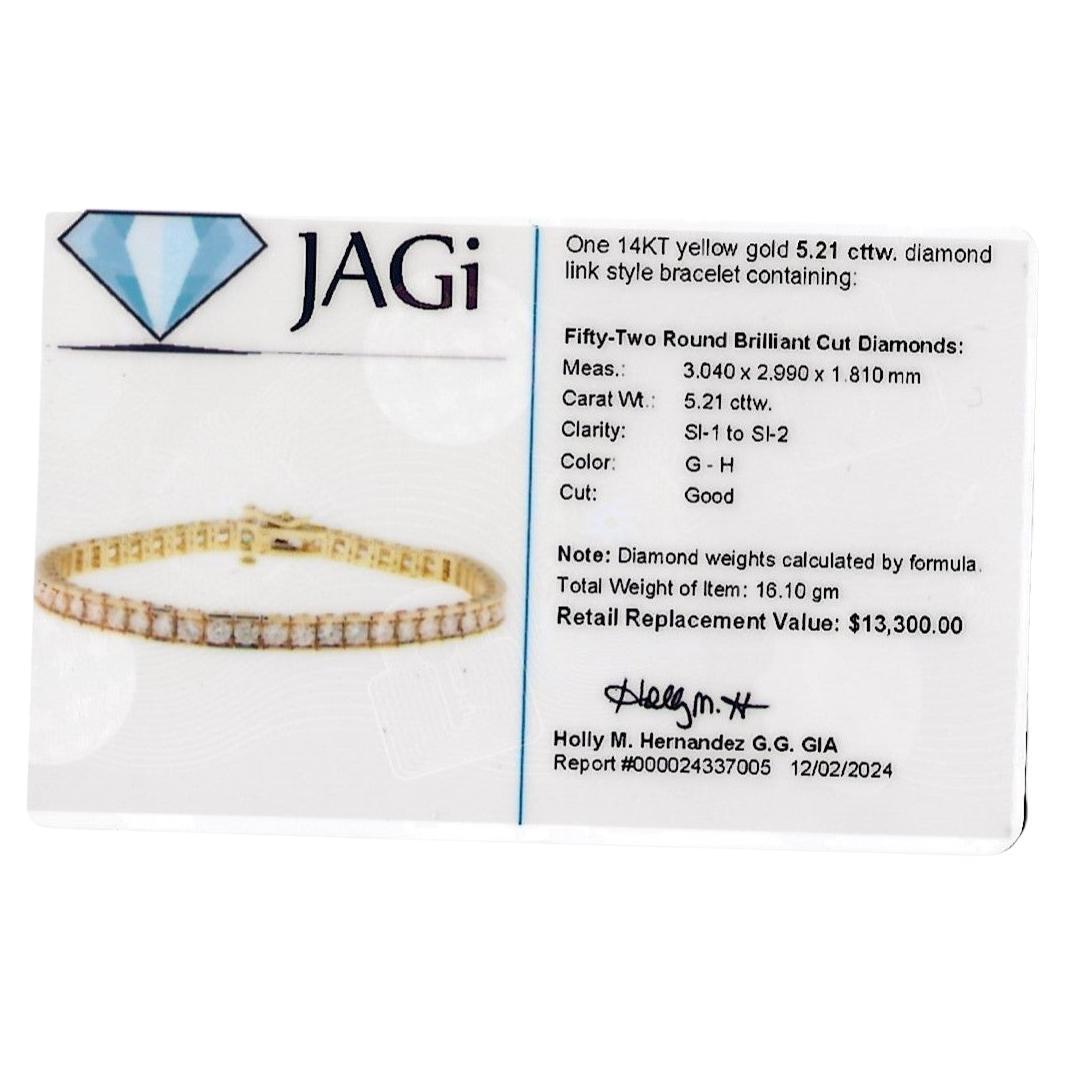 5.21 Carat Total Channel Set Round Diamond Tennis Bracelet 14 Karat Yellow Gold For Sale 4