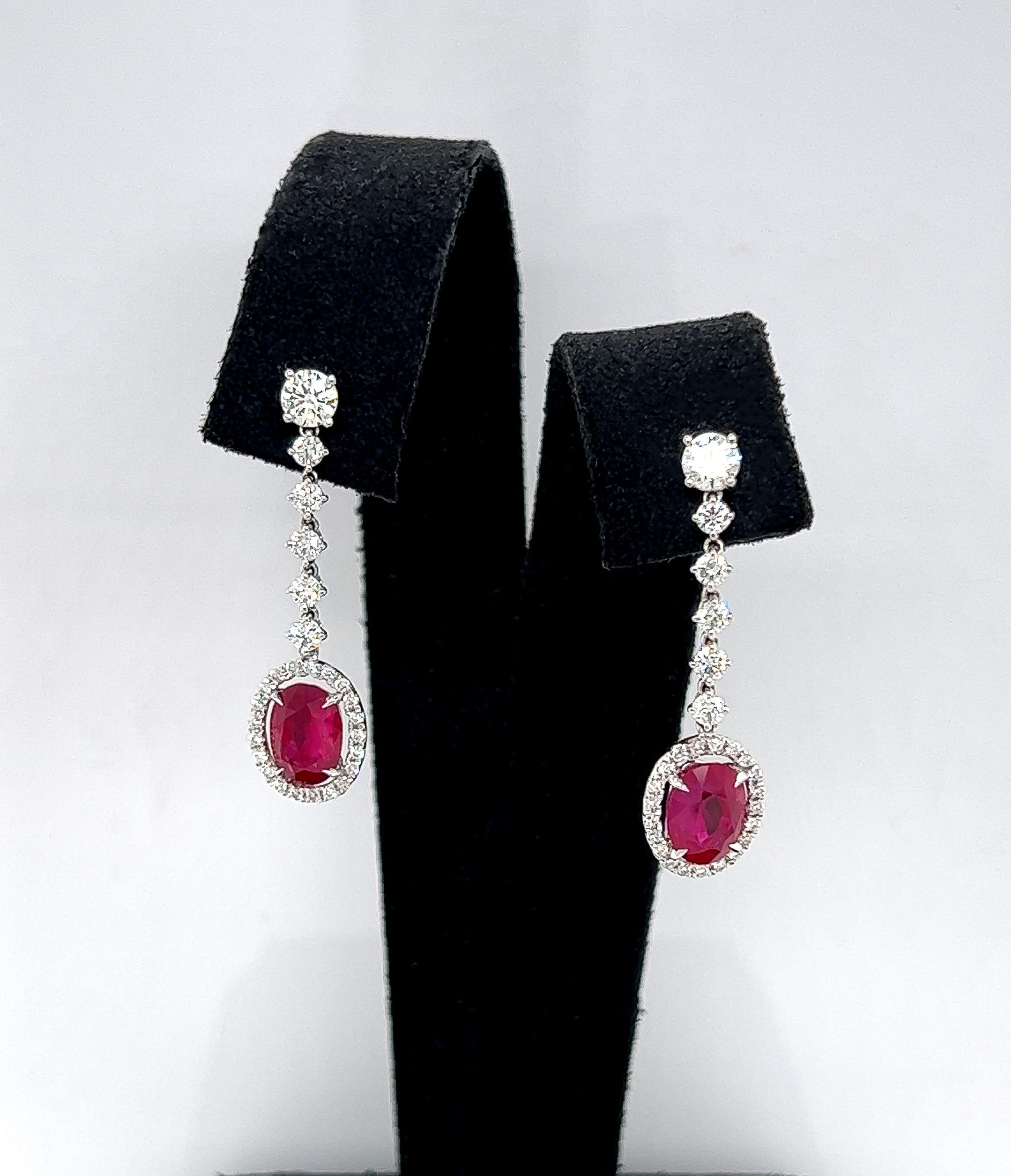 Oval Cut 5.21 Total Carat Ruby and Diamond Drop Earrings in 18K White Gold For Sale