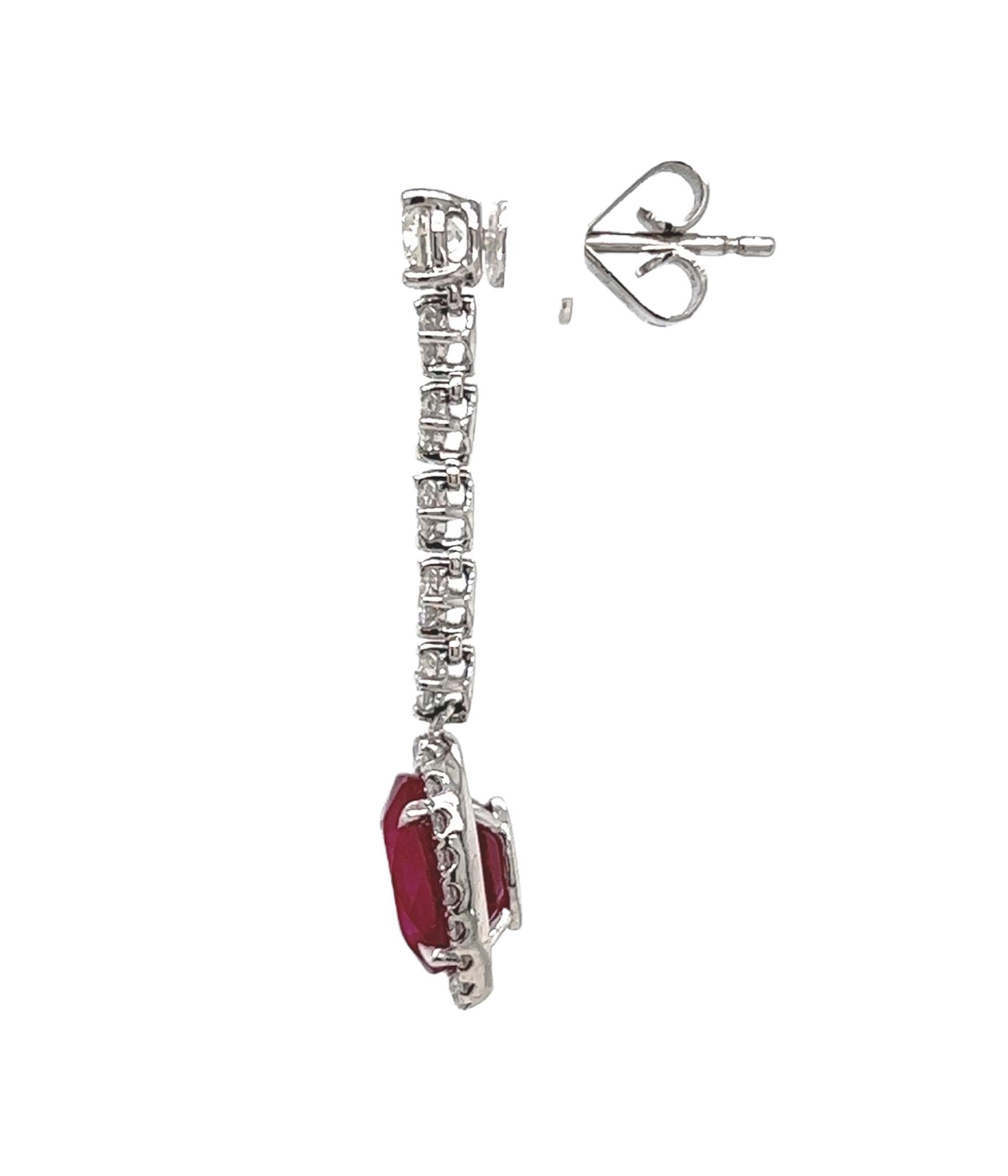 Women's or Men's 5.21 Total Carat Ruby and Diamond Drop Earrings in 18K White Gold For Sale