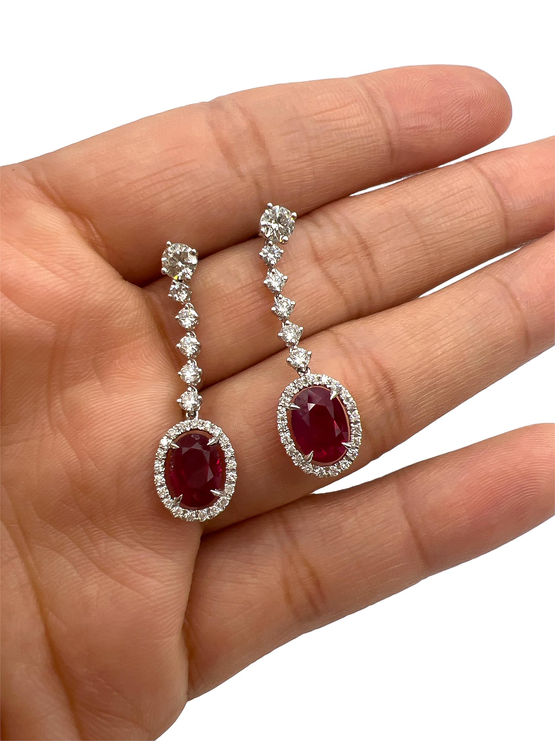 5.21 Total Carat Ruby and Diamond Drop Earrings in 18K White Gold For Sale 1