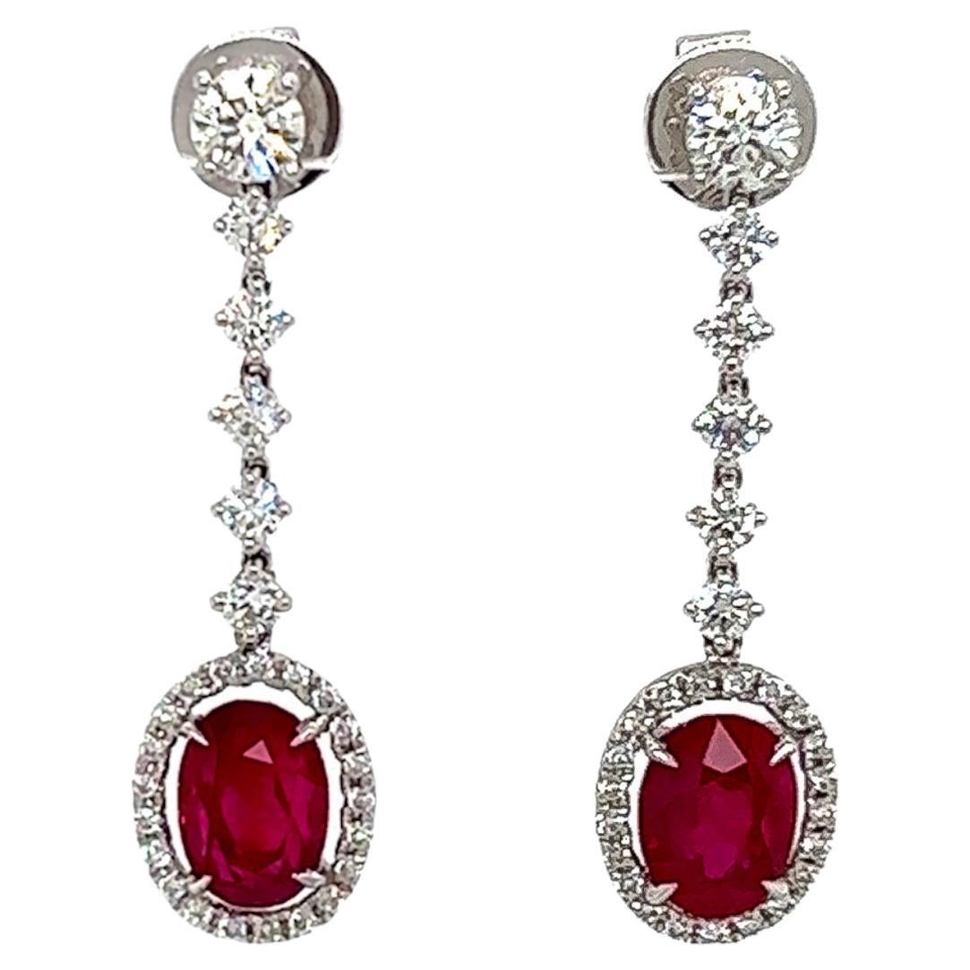5.21 Total Carat Ruby and Diamond Drop Earrings in 18K White Gold