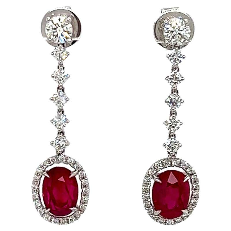1.29 Carat of Oval Shape Ruby and Diamond Drop Earrings in 18K White ...