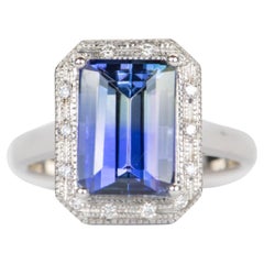 5.21ct Bi-Color Purplish Blue Tanzanite with Diamond Halo 14K White Gold Ring