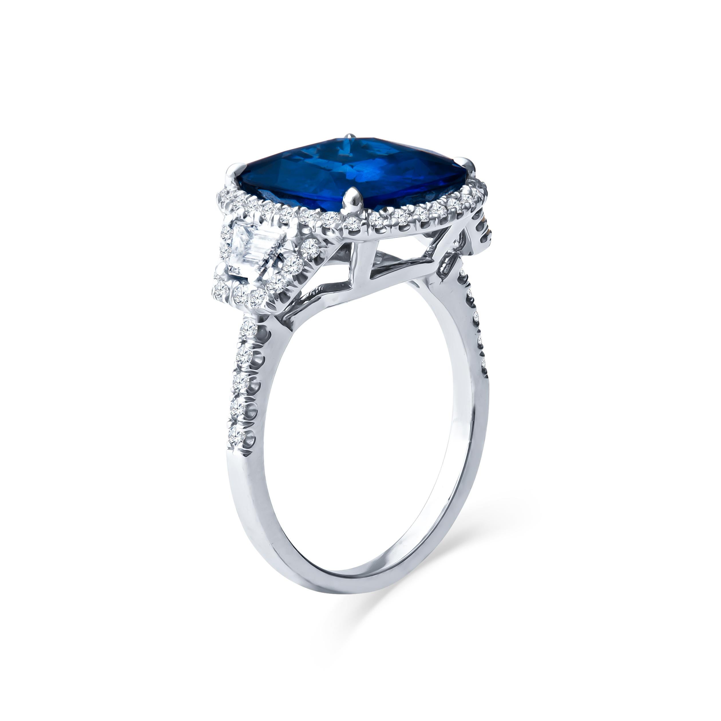 Cushion Cut 5.21ct Blue Sapphire w 0.29ctw Step Cut Trapezoid and 0.51ctw Round Diamond Ring
