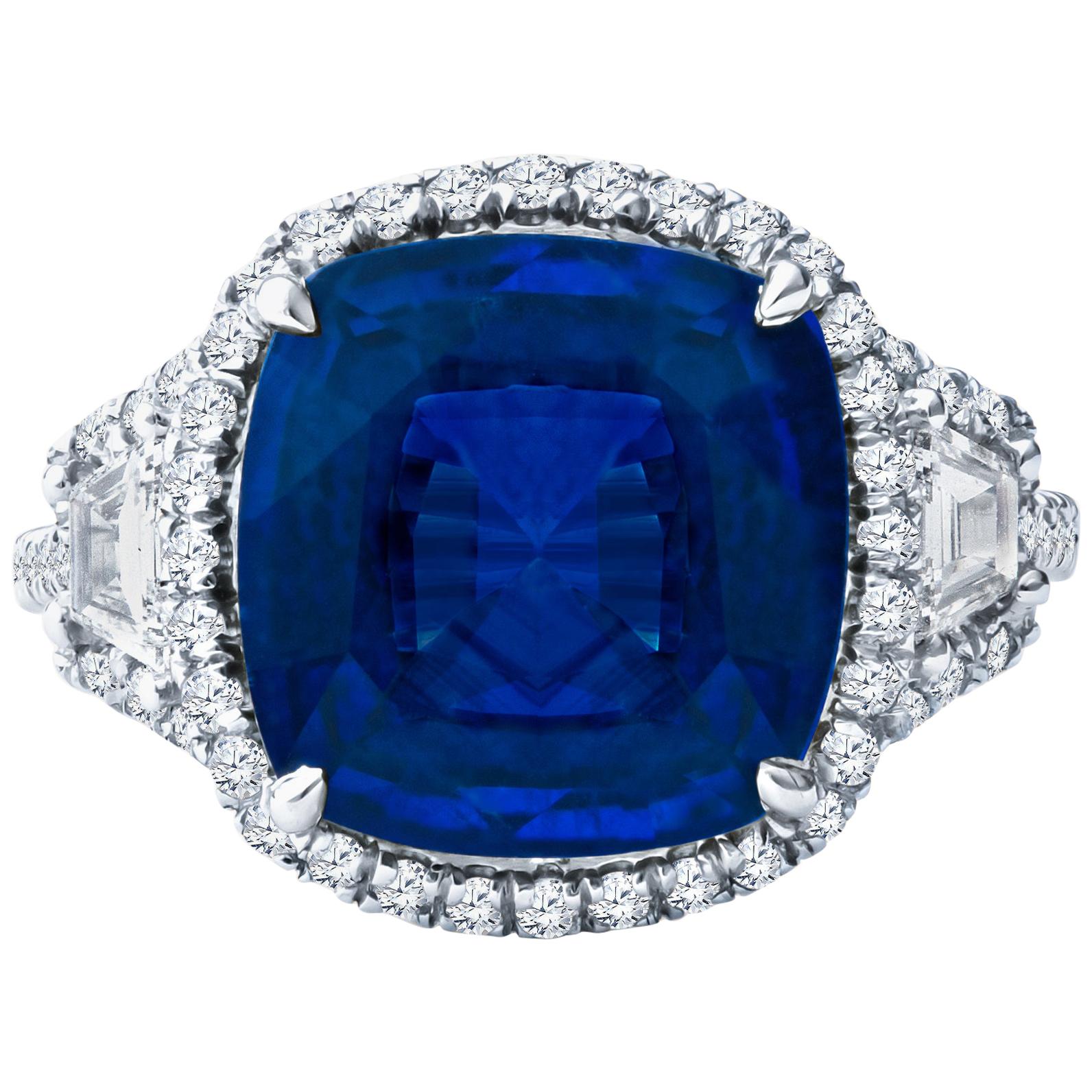 5.21ct Blue Sapphire w 0.29ctw Step Cut Trapezoid and 0.51ctw Round Diamond Ring