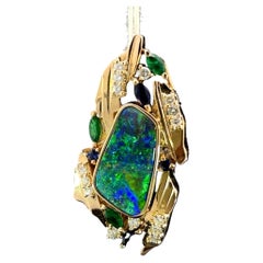5.22 Carat Boulder Opal Diamond Emerald Sapphire 18K Gold Pendant Brooch