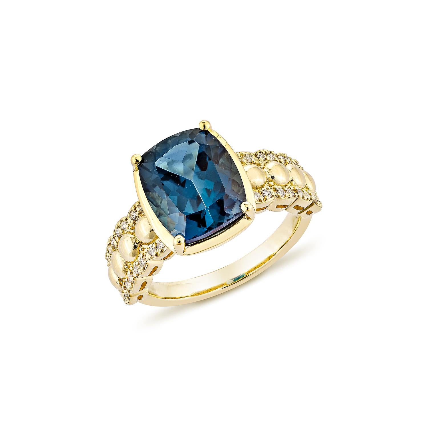 Contemporary 5.22 Carat London Blue Topaz Fancy Ring in 18Karat Yellow Gold with Diamond. For Sale