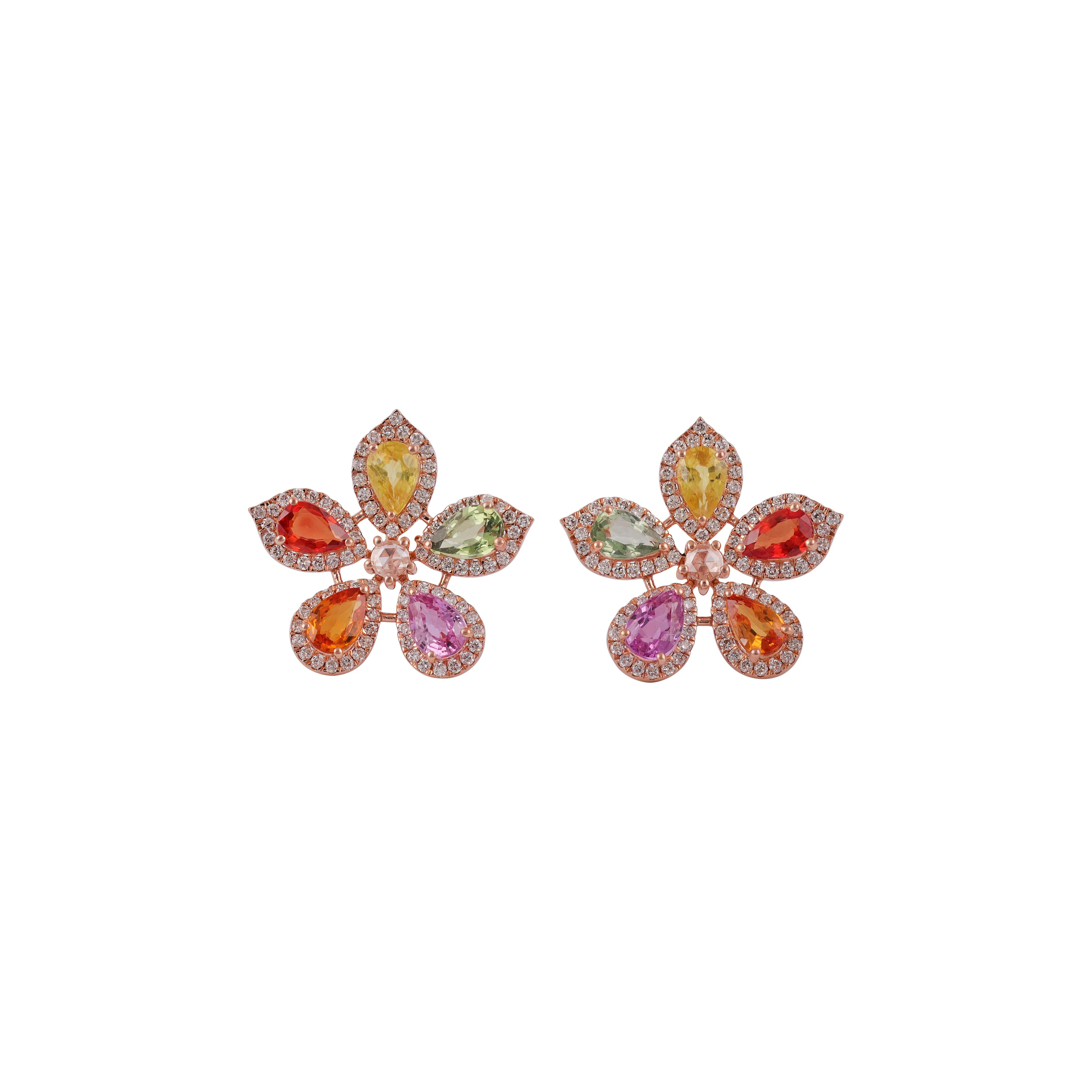 Magnificent multi sapphire & Diamond Earrings 
Pear cut multi sapphire approx. 5.22 CTS
176 Round brilliant cut diamonds 0.89 CTS
2 rose cut diamond 0.08 CTS
18 k Rose gold mounting 5.65 GMS

Custom Services
Request Customization
