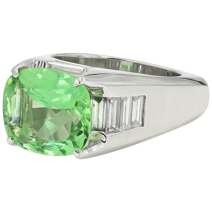 5.22 Carat Natural Green Beryl and Baguette Diamond Ring in Platinum