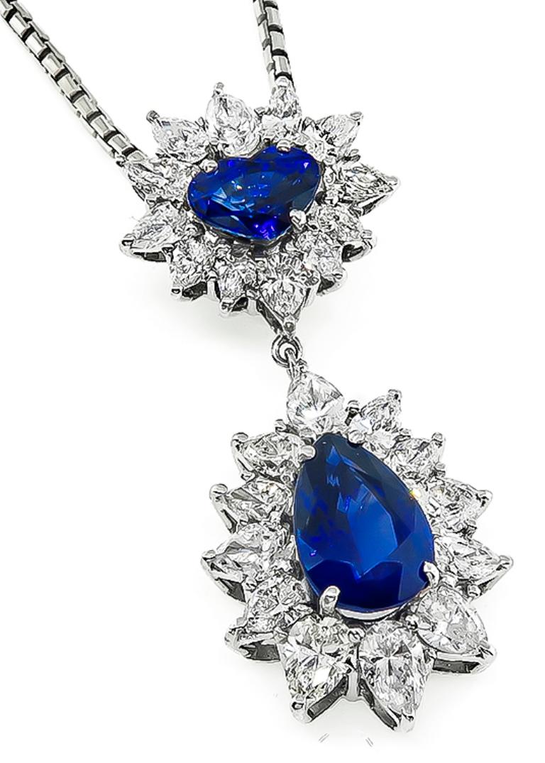 Pear Cut 5.22 Carat Sapphire 4.50 Carat Diamond Pendant Gold Necklace For Sale