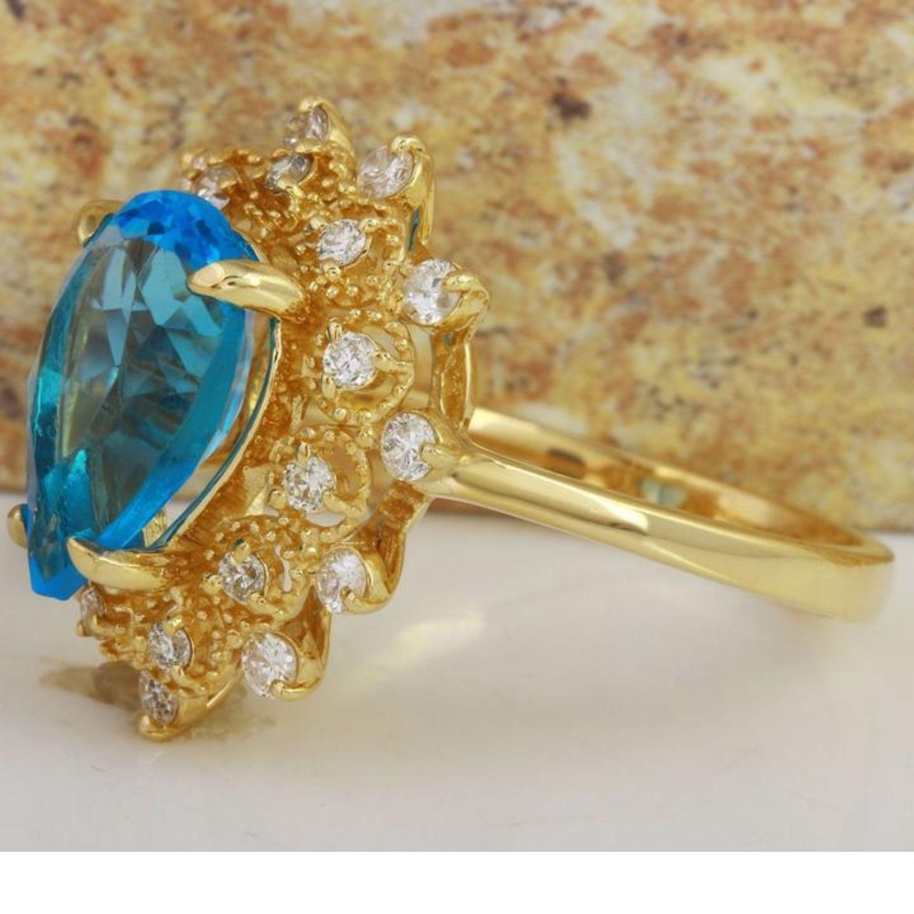 5.22 Carats Natural Gorgeous SWISS BLUE TOPAZ and Diamond 14K Solid Yellow Gold Ring

Total Natural Swiss Blue Topaz Weight is: 4.37 Carats

Topaz Measures: 12.00 x 8.00mm

Natural Round Diamonds Weight: .85 Carats (color F-G / Clarity
