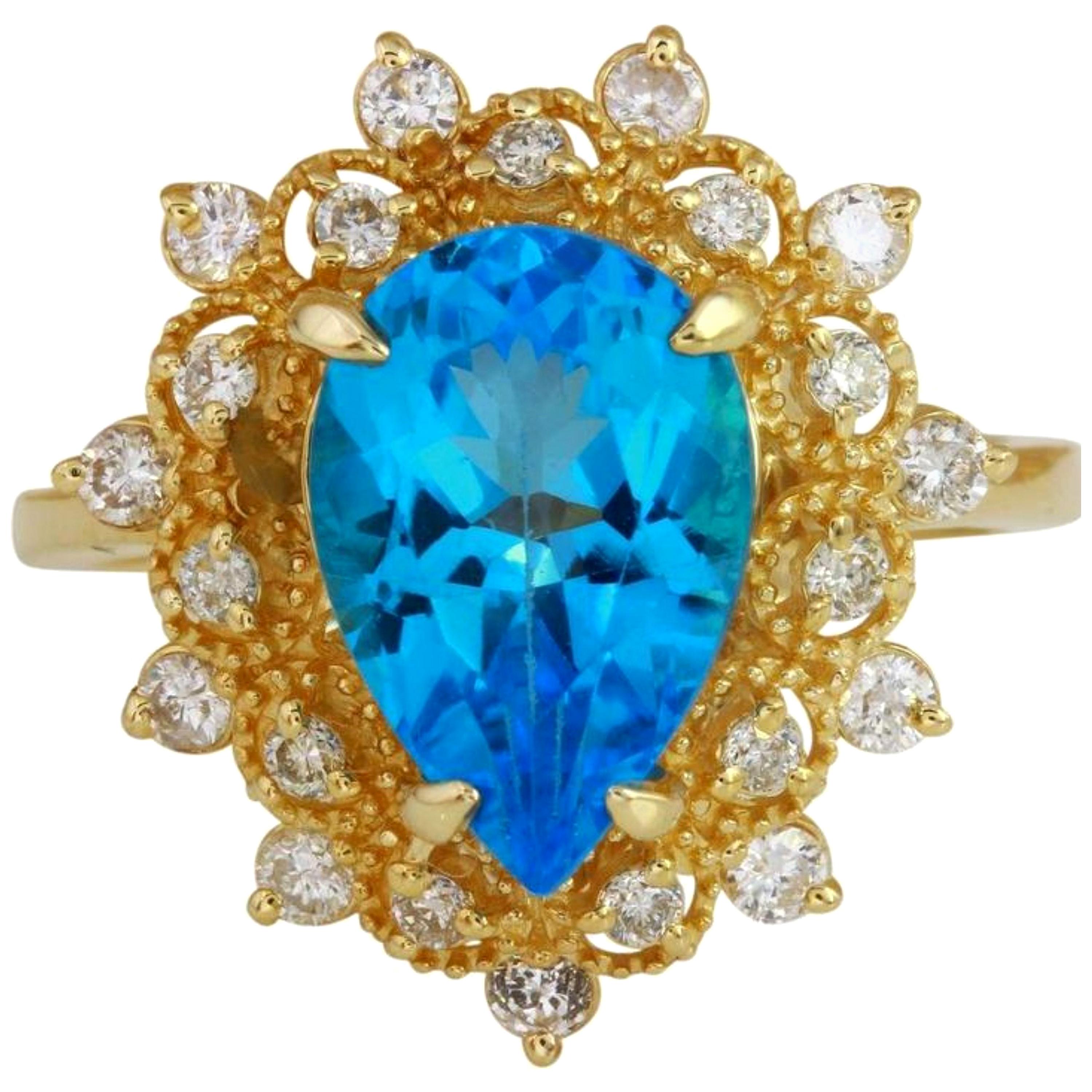 5.22 Ct Natural Gorgeous Swiss Blue Topaz and Diamond 14K Solid Yellow Gold Ring For Sale