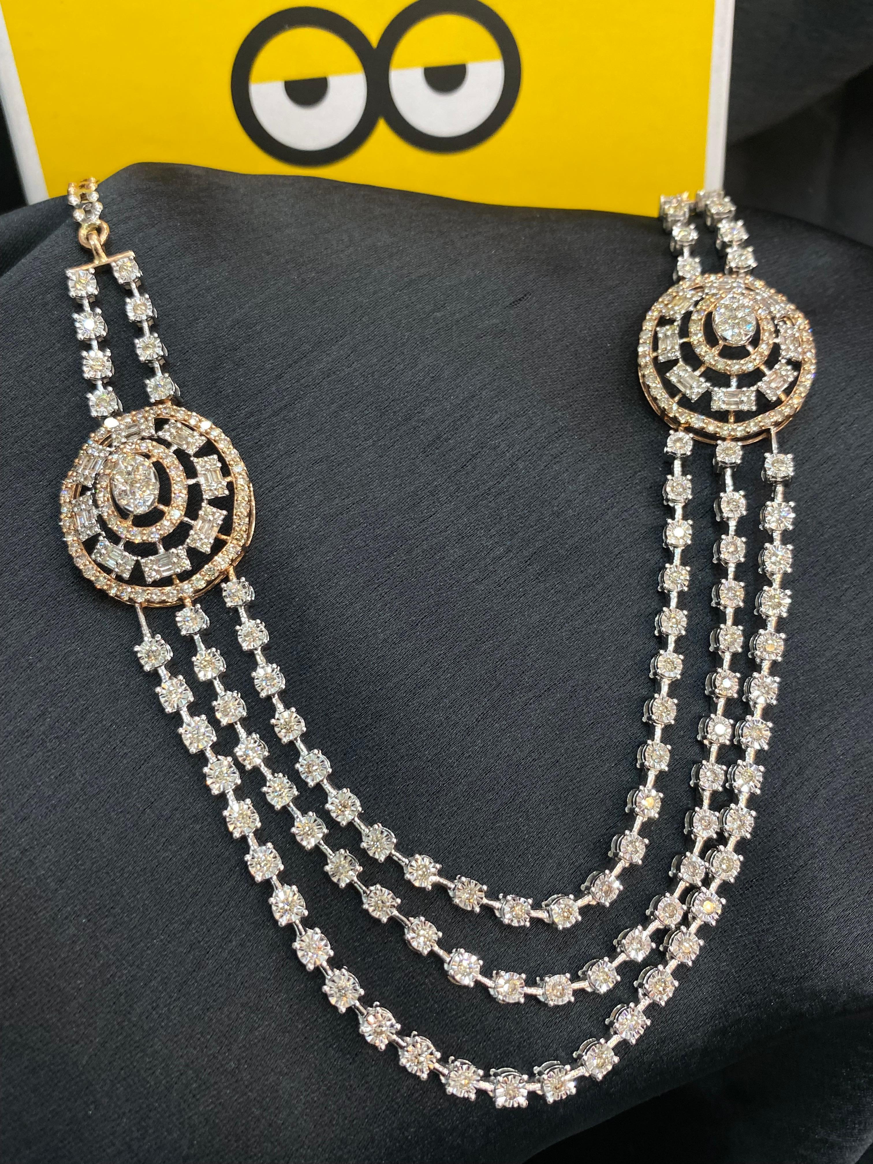 Round Cut 5.22 Cts F/VS1 Round Baguette Cut Diamonds Three-Strand Tennis Necklace 14K Gold For Sale