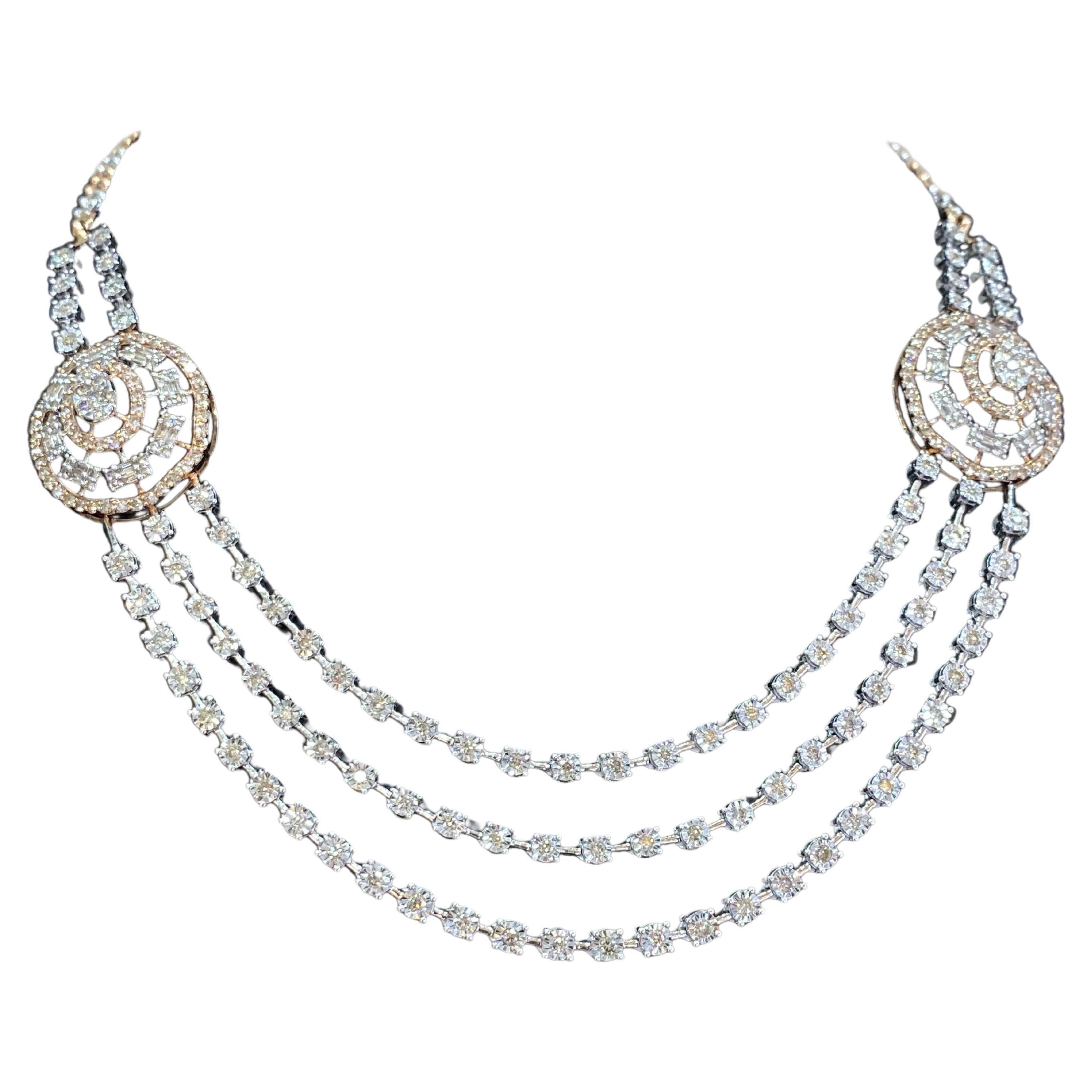 5.22 Cts F/VS1 Round Baguette Cut Diamonds Three-Strand Tennis Necklace 14K Gold For Sale