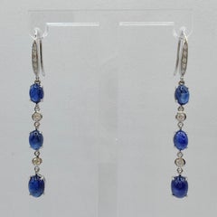 5.41ct Royal Blue Cabochon Sapphire Diamond Dangling Earrings in 18K White Gold