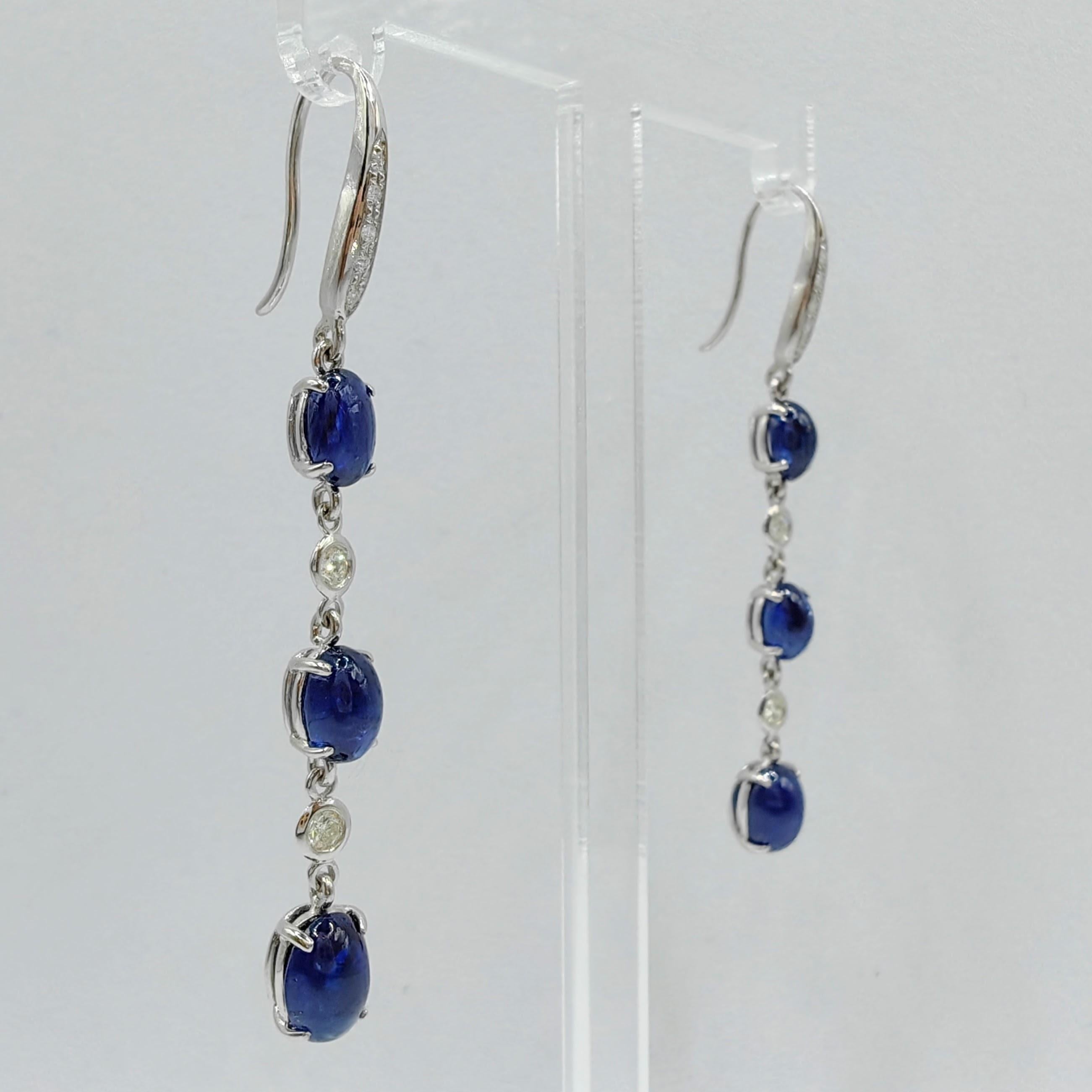 Contemporary 5.22ct Royal Blue Cabochon Sapphire Diamond Dangling Earrings in 18K White Gold For Sale