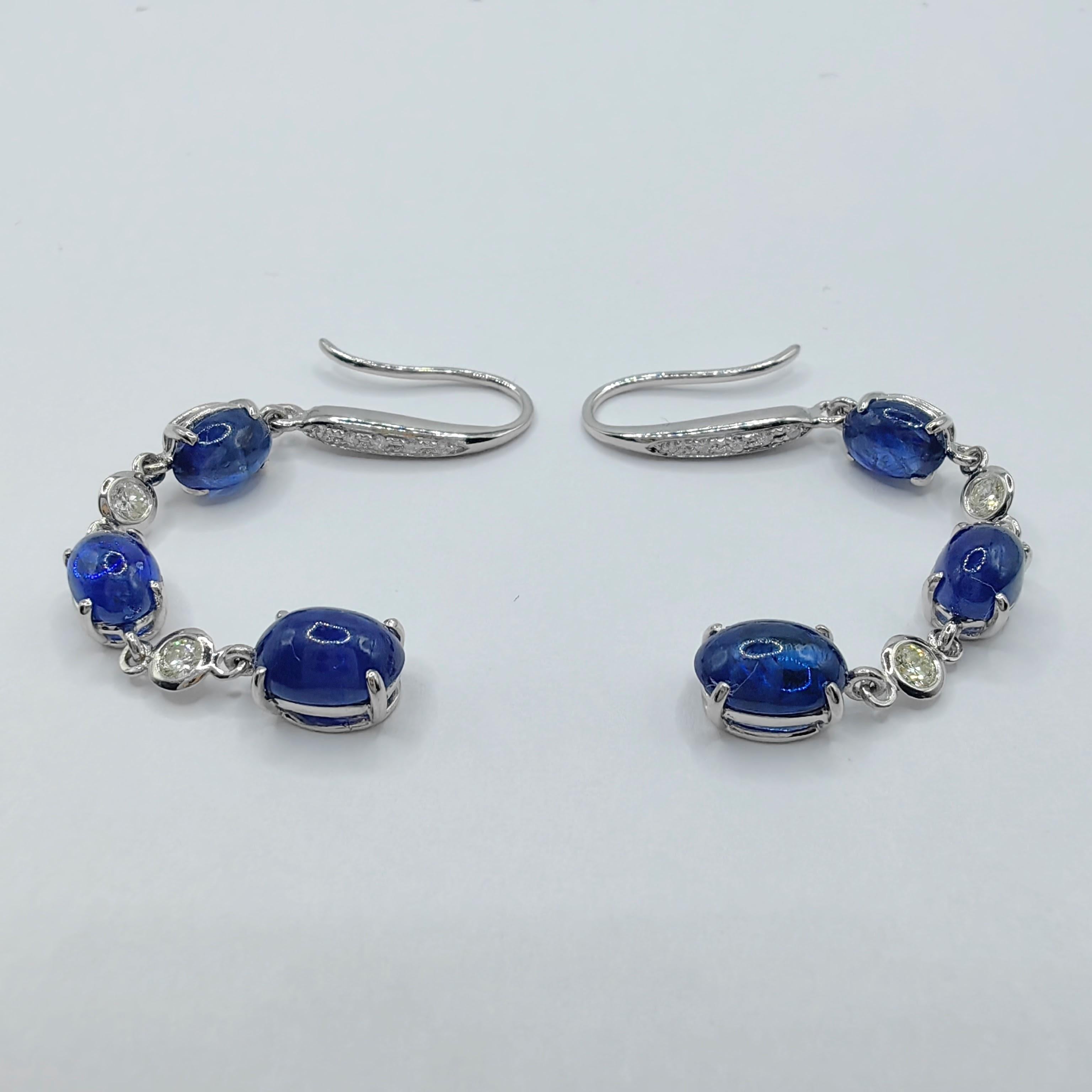 Women's 5.22ct Royal Blue Cabochon Sapphire Diamond Dangling Earrings in 18K White Gold For Sale
