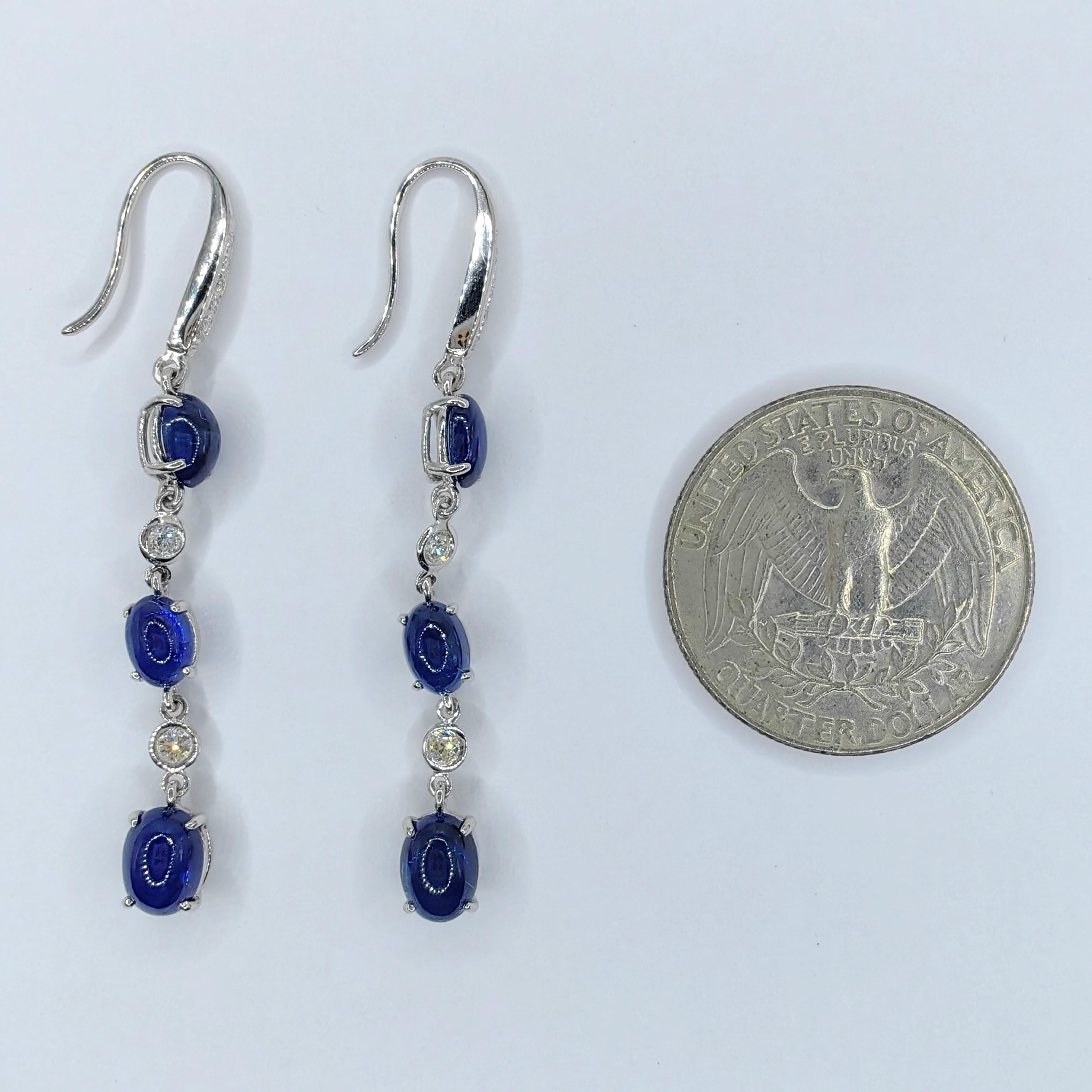 5.22ct Royal Blue Cabochon Sapphire Diamond Dangling Earrings in 18K White Gold For Sale 1