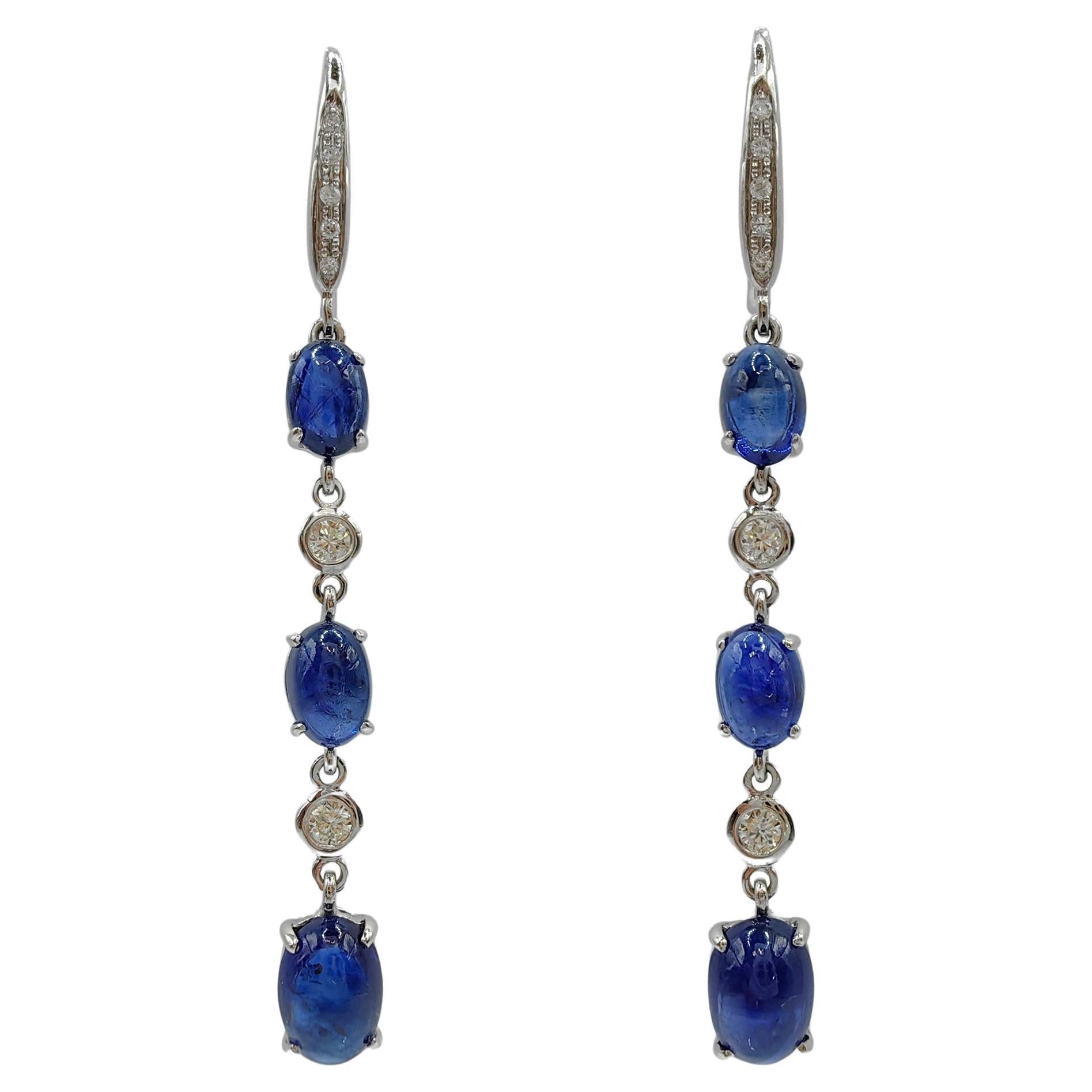 5.22ct Royal Blue Cabochon Sapphire Diamond Dangling Earrings in 18K White Gold For Sale
