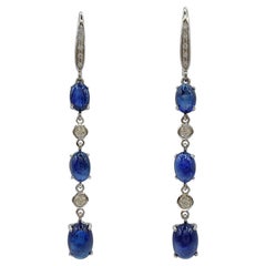 5.22ct Cabochon Royal Blue Sapphire Diamond Dangling Earrings in 18K White Gold