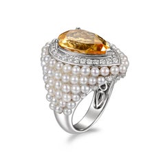 5.22Ct Citrine And Fresh Water Pearl Diamond Dome Ring in 14 Karat Gold