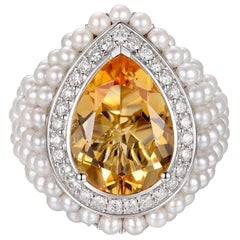 5.22Ct Citrine And Fresh Water Pearl Diamond Dome Ring in 14 Karat Gold