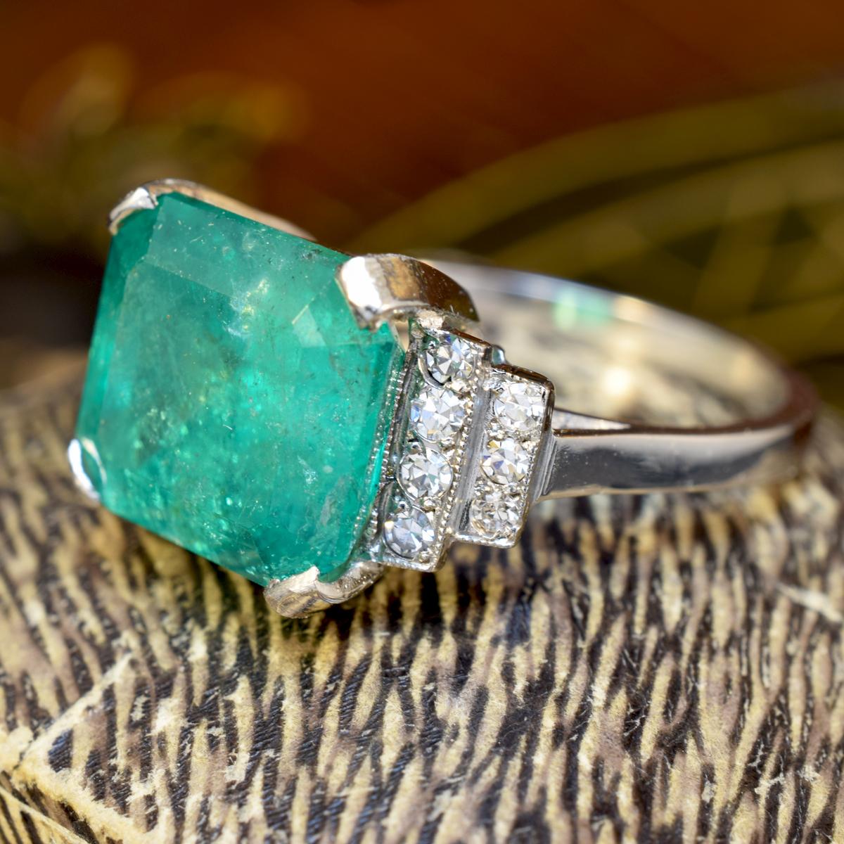 Art Deco 5.22 Carat Emerald Cut Emerald and Diamond Ring in Platinum