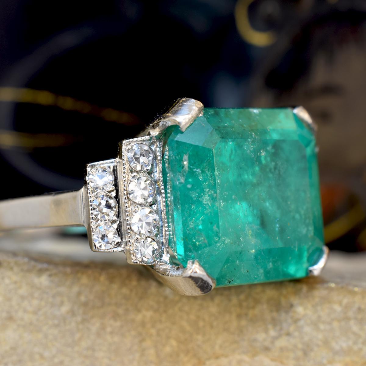 Women's or Men's 5.22 Carat Emerald Cut Emerald and Diamond Ring in Platinum
