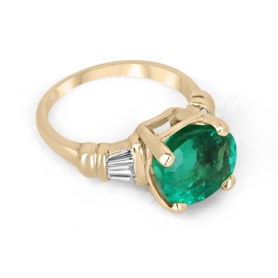 This engagement ring features a magnificent 4.98-carat cushion-cut Colombian emerald with a vivid electric green color that exudes remarkable clarity and luster. The emerald is set in a four-prong mount, positioned horizontally in an east-to-west