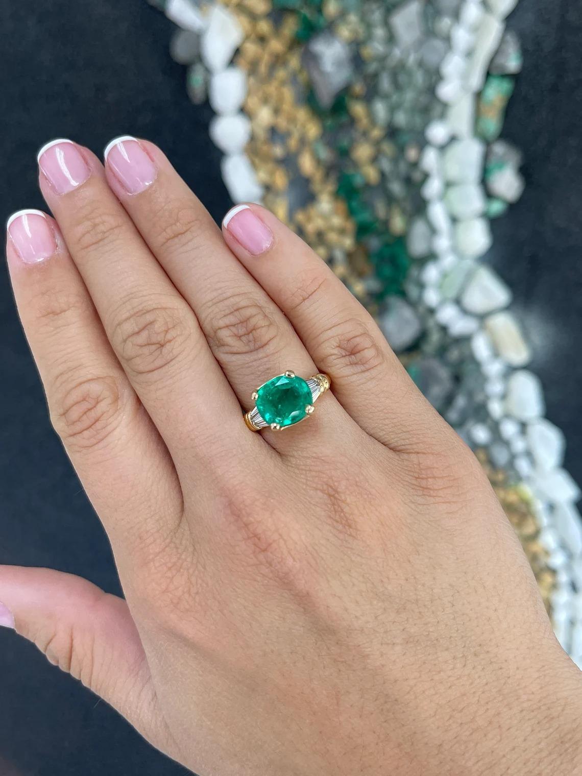 5.22tcw 18K AAA Cushion Cut Colombian Emerald & Tapered Baguette Diamond Ring In New Condition For Sale In Jupiter, FL