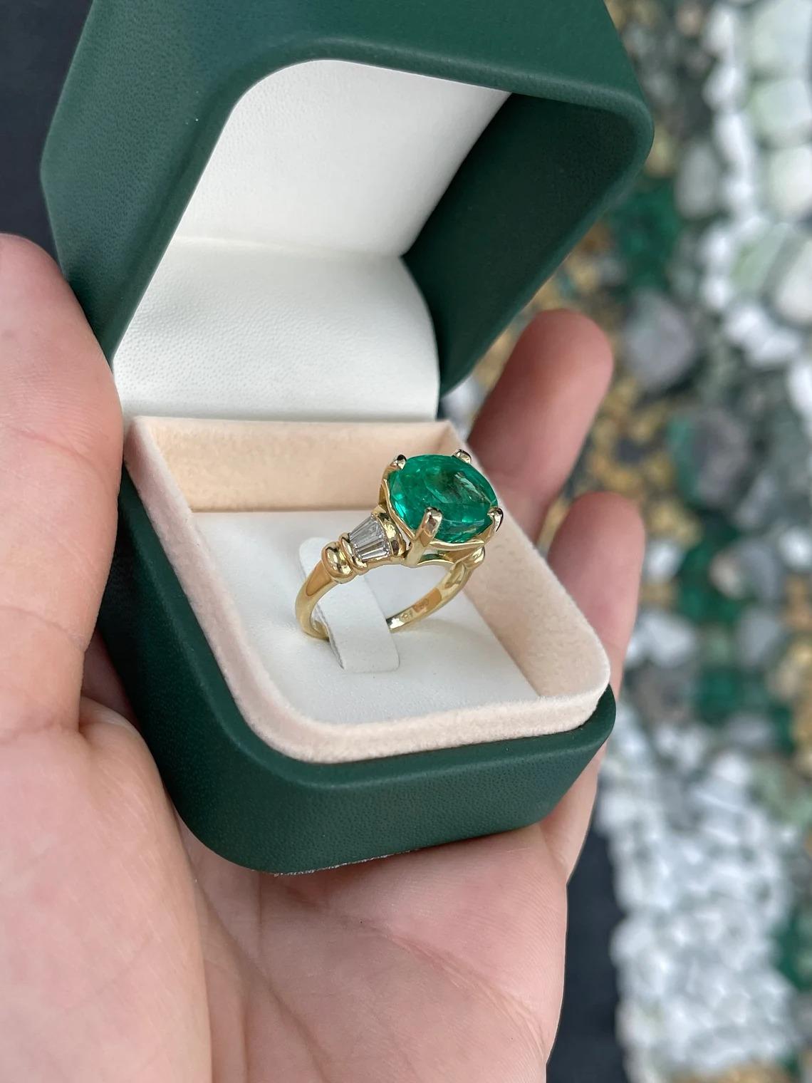 5.22tcw 18K AAA Cushion Cut Colombian Emerald & Tapered Baguette Diamond Ring For Sale 2