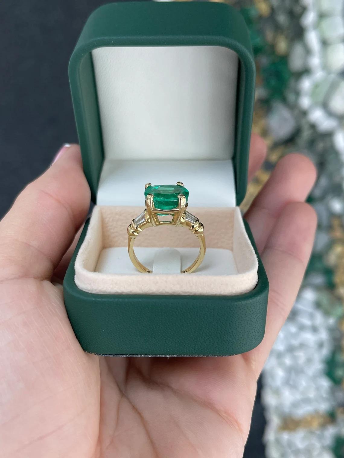 5.22tcw 18K AAA Cushion Cut Colombian Emerald & Tapered Baguette Diamond Ring For Sale 4