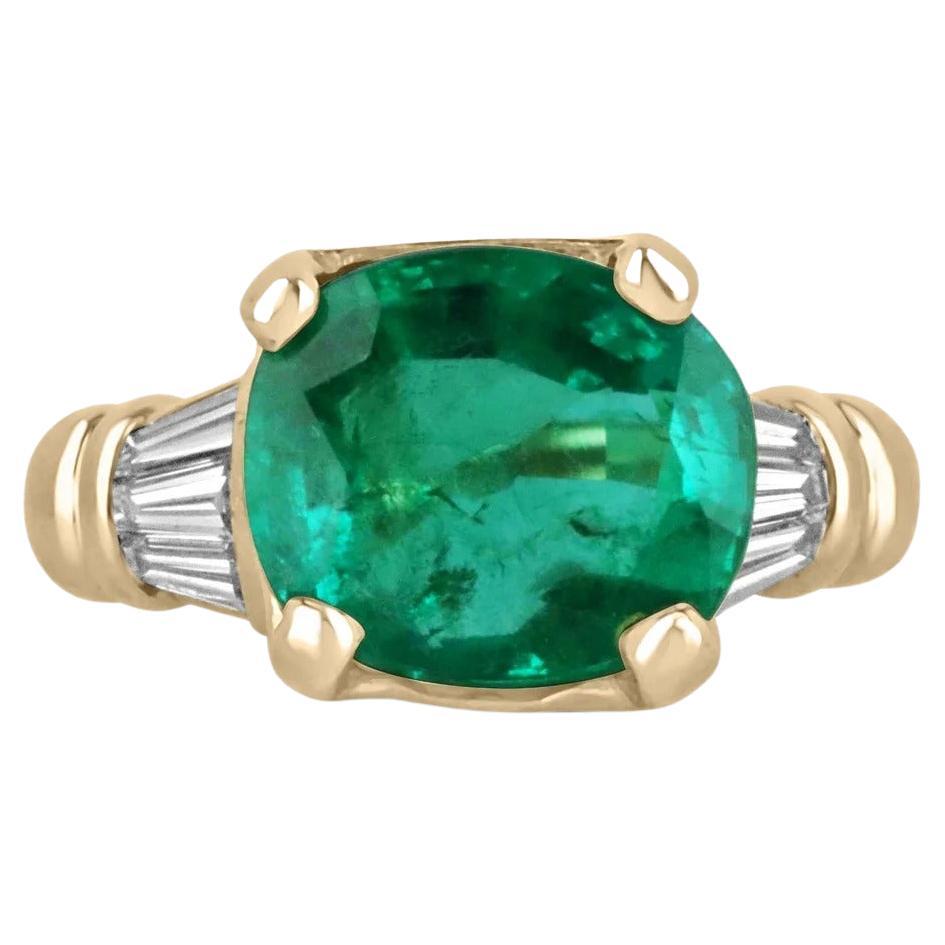 5.22tcw 18K AAA Cushion Cut Colombian Emerald & Tapered Baguette Diamond Ring For Sale