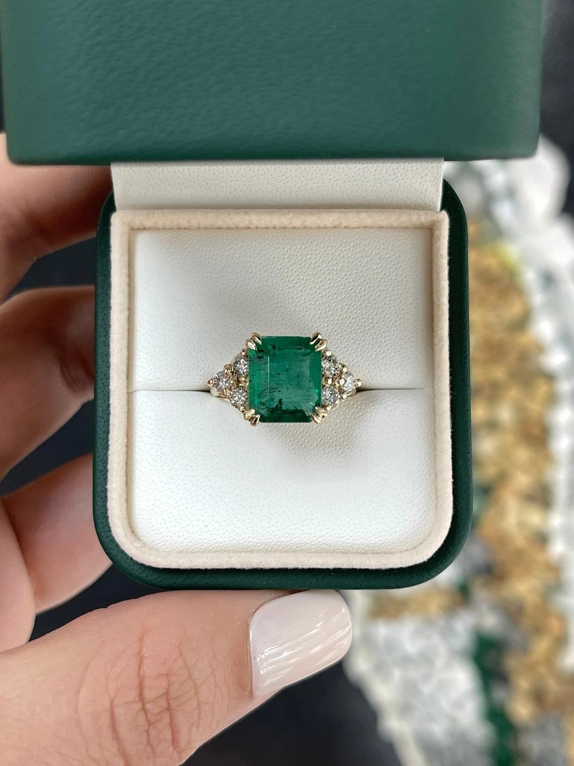 Modern 5.22tcw Freckled Dark Green Emerald-Emerald Cut & Diamond Accent Engagement Ring For Sale