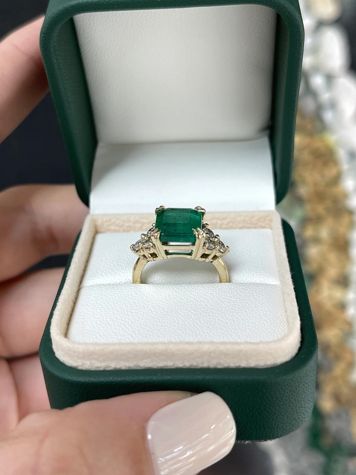 Women's 5.22tcw Freckled Dark Green Emerald-Emerald Cut & Diamond Accent Engagement Ring For Sale