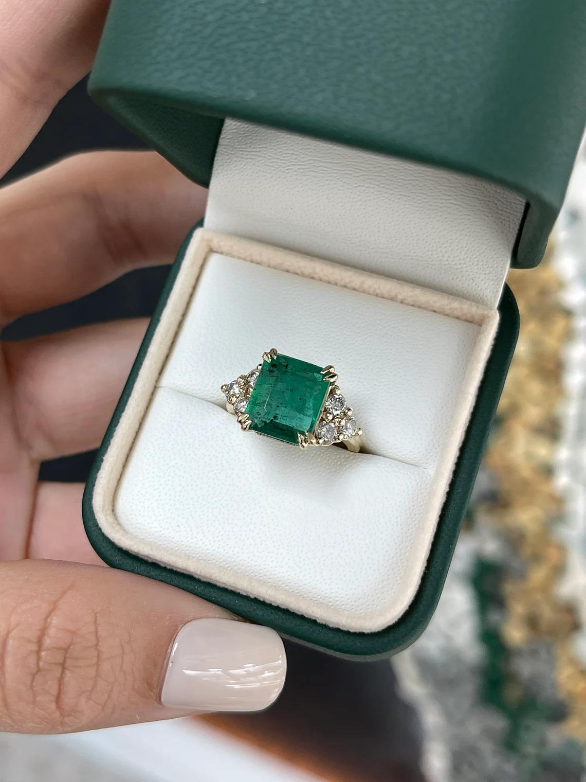 5.22tcw Freckled Dark Green Emerald-Emerald Cut & Diamond Accent Engagement Ring For Sale 1